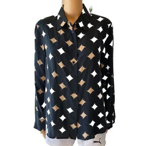 VTG Y2K Jones New York Silk Womens 10 Black Brown Button Shirt Up Long Sleeve